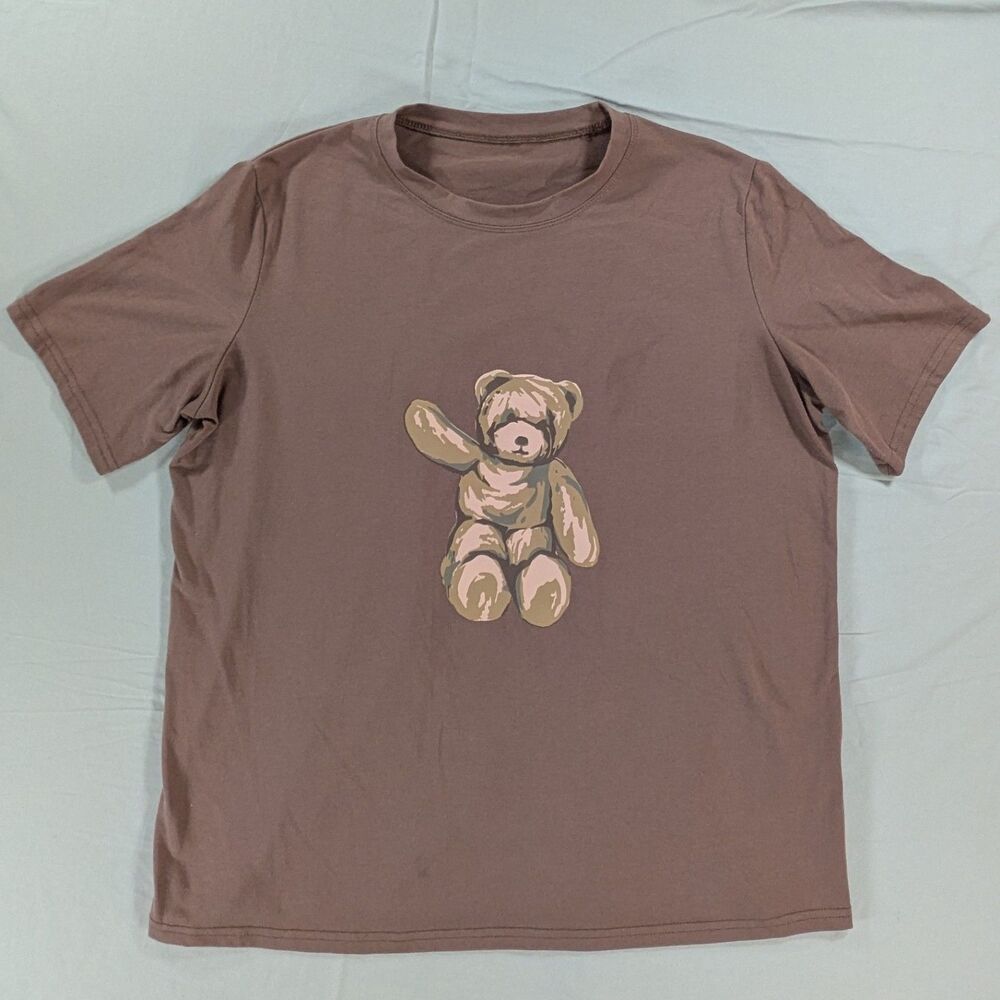 Dazy women's Brown Jersey T-Shirt Bear Graphic Crew Neck Medium